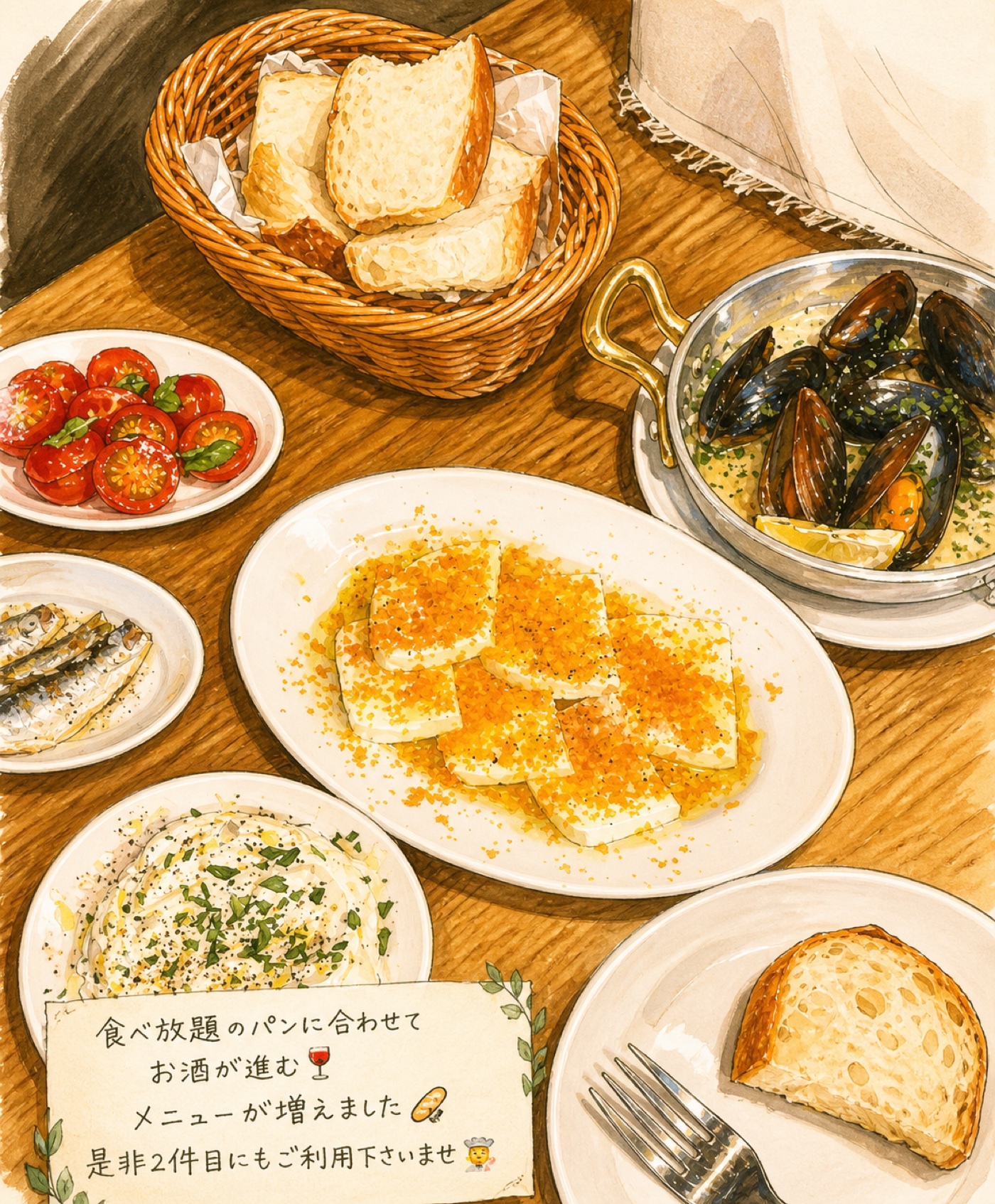 パン食べ放題とワインに合う料理のイラスト