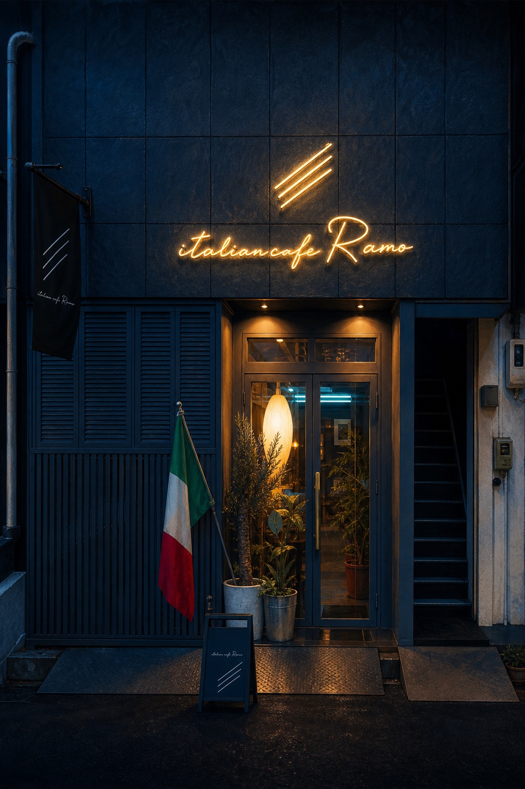 Italian Cafe Ramoの夜の外観イメージイラスト